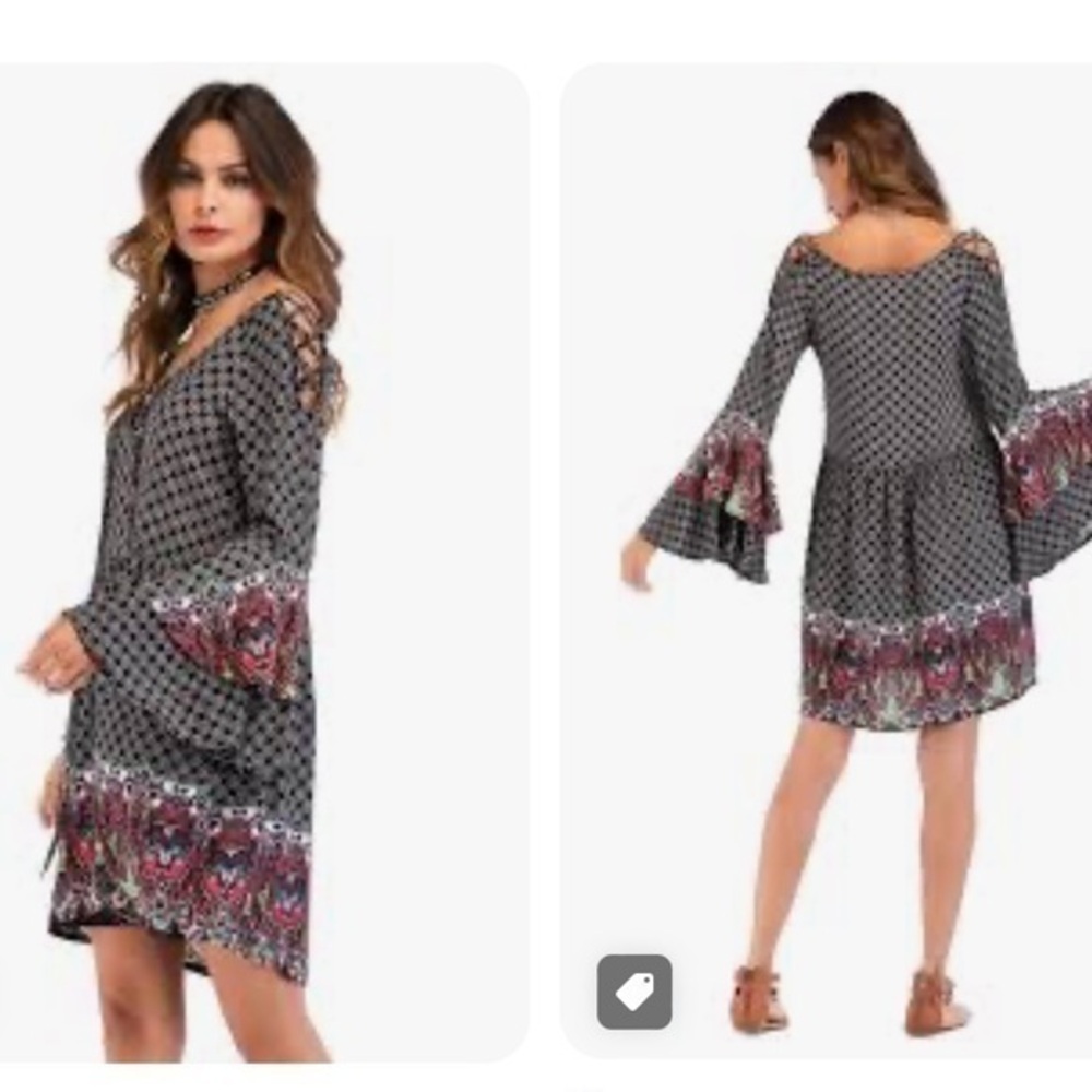Velzera Boho Dress Bell Sleeve Tassel Black Red Size S